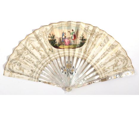 A Gothic Revival Fan, the leaf mounted on white mother-of-pearl, the monture possibly older than the hand coloured lithograph