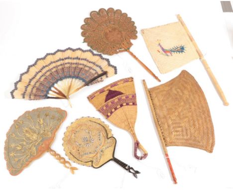 Fans Across The World: A Quantity of 19th Century Fans, to include two fixed ''flag'' fans , woven from fibres, one embroider