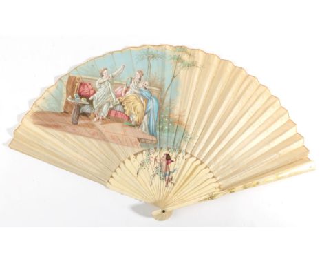 A Late 18th Century Bone Fan, mounted with a cream silk, the gorge painted with Cupid aiming his arrow, the guards applied wi