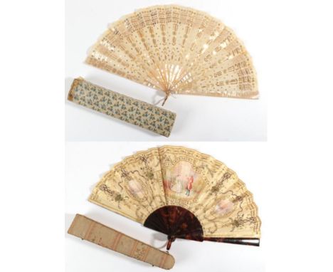 An Early 20th Century Fan, the tortoiseshell monture plain but with attractive mottling. The double leaf, silk to the recto a