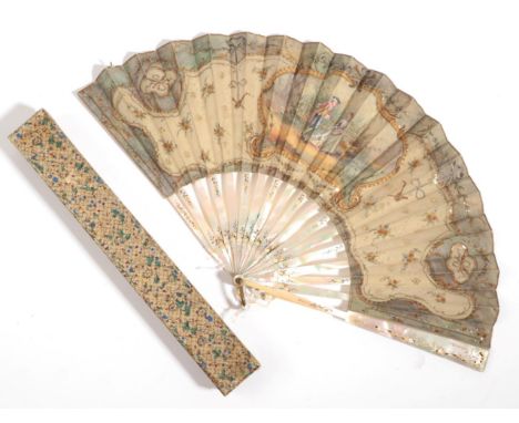 A Circa 1900 Pale Pink Mother-of-Pearl Fan, the monture lightly gilded with floral detail. The double fabric leaf, mounted à 