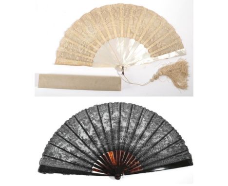 A Late 19th Century Brussels Bobbin Applique Lace Fan, backed with cream gauze and mounted on white mother-of-pearl sticks. T