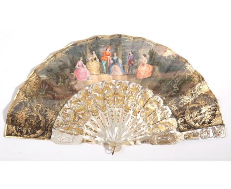 A Mid-19th Century Fan, with heavy mother-of-pearl monture, the gorge sticks carved and pierced and gilded and featuring leap