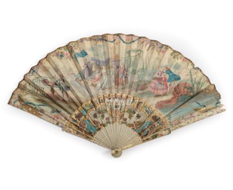 A Circa 1760's Ivory Fan, the monture pierced, gilded and attractively painted, the gorge with bright turquoise, softer green