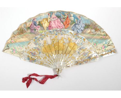An Attractive and Highly Gilded Mid-19th Century Mother-of-Pearl Fan, the deep gorge in the Spanish style showing three ladie
