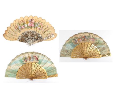 A 19th Century Jenny Lind or Palmette Fan, the shaped silk leaf panels mounted on carved and pierced, silvered and gilded whi