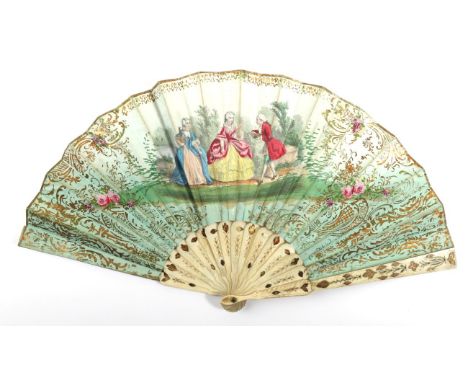 A 19th Century Bone Fan, carved and pierced and simply gilded, mounted with a double paper leaf depicting two 18th century la