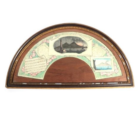 A Late 18th Century Grand Tour Fan Leaf, framed and glazed, with a depiction of the Bay of Naples by night with a fiery Vesuv