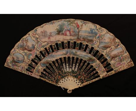 A 1760's Ivory Fan of Cabriolet Form, the monture carved and pierced, painted and gilded, with a design of birds, flowers, fr