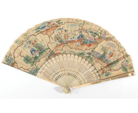 An 18th Century Carved and Pierced Ivory Fan, in the chinoiserie style, the guards quite delicately carved, the painted vellu