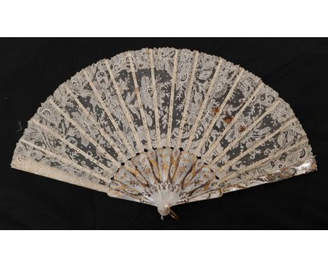 A Circa 1880's Bone Fan with Telescopic Action, the leaf of salmon pink satin applied with four motifs of cream Honiton bobbi