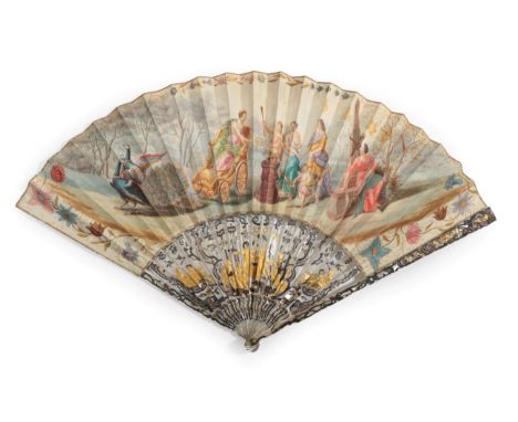 A Mid 18th Century Mother-of-Pearl Fan, the monture carved, pierced and gilded, with thin mother-of-pearl backing to the gorg