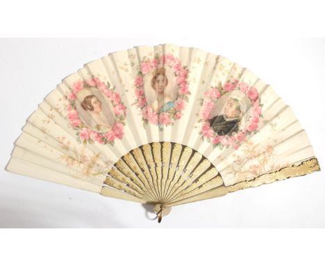 A Simple 19th Century Wooden Fan, with carved and shaped sticks, painted dark cream and gilded, mounted à l'Anglaise with a v