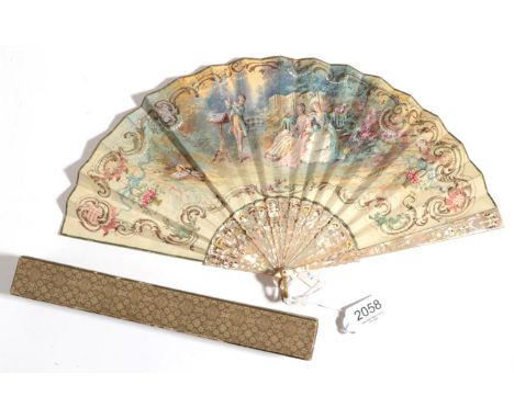 An Early 20th Century Pink Mother-of-Pearl Fan, the monture carved, pierced and gilded, the double paper leaf showing ladies 