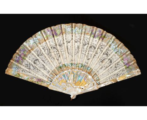 A Very Fine and Unusual Brussels Lace Fan, the leaf mounted on pierced and gilded mother-of-pearl sticks, the pearl continuin