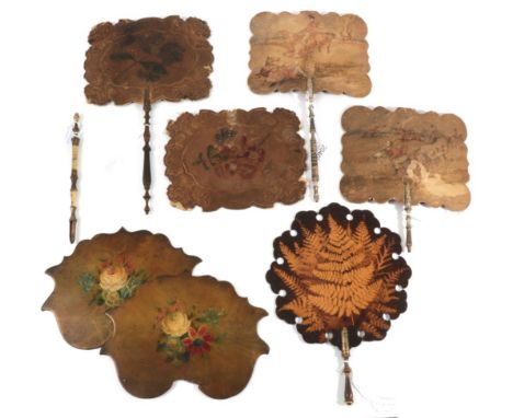 A Pair of 19th Century Card Face Screens or Fixed Fans, of rectangular form with shaped edges, both featuring amusing scenes 