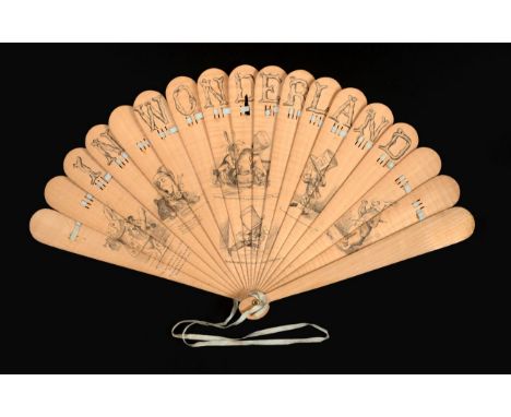 In Wonderland: A Wood Brisé Fan, circa 1880's, the light polished sticks drawn with the title ''In Wonderland'', and illustra