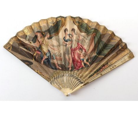 A Wedding Fan, Regency Period, the monture of pierced and gilded ivory sticks, the double leaf with a charming depiction of a