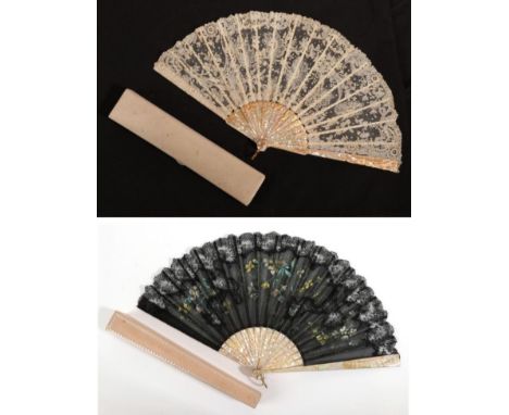 A Late 19th/Early 20th Century Brussels Point De Gaze Needlelace Fan, the leaf mounted on pink Mother of Pearl with gilded de