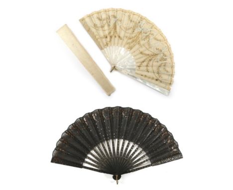 An Elegant Early 20th Century Cream Gauze Fan, the monture of white mother-of-pearl, the leaf embroidered with swags and bows