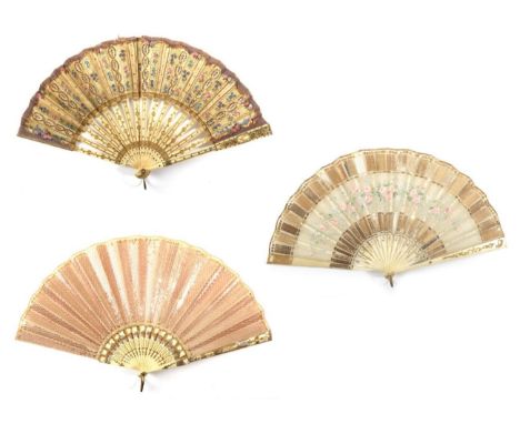 An Early 20th Century Bone Fan, the monture carved and pierced, painted and silvered. The light pink chiffon leaf is backed w