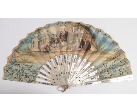 A Mid -19th Century White Mother-of-Pearl Fan, the monture pierced and silvered, the double  leaf a hand coloured lithograph 