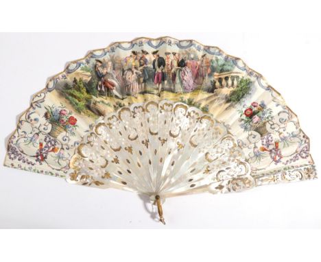 A Mid-19th Century Fan, the heavy monture of pierced and gilded white mother-of-pearl, mounted with a double paper leaf, lith