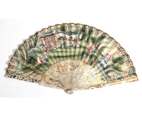 A Large Mother-of-Pearl Fan, the monture most probably circa 1770's, the leaf, in the Chinese style, a later addition. The mo