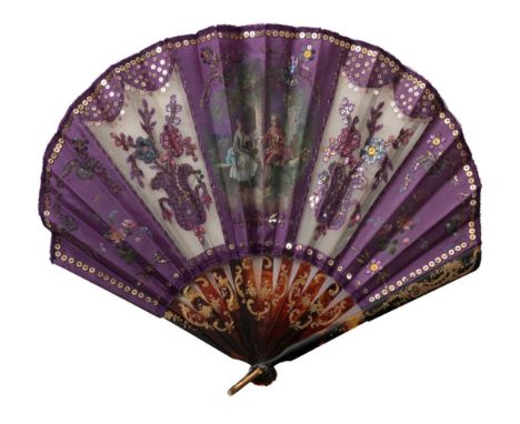 A Circa 1900 Fan of Ballon Form, the bold violet gauze and silk overlaid leaf embellished with cerise, silver and blue sequin
