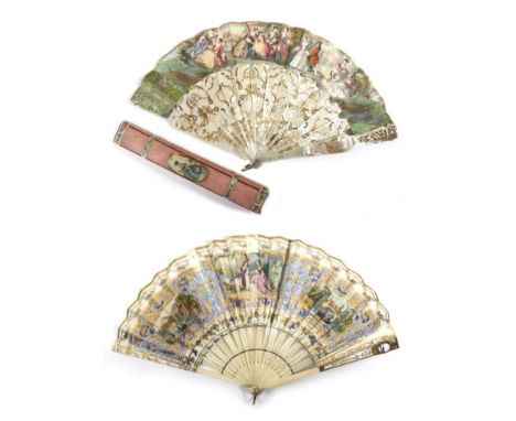 A Circa 1860's Mother-of-Pearl Fan, the monture carved and pierced, silvered and gilded, the deep and substantial gorge stick