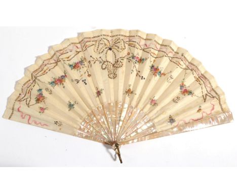 A Small Early 20th Century Pink Mother-of Pearl Fan, the monture plain, the double leaf of cream silk backed with gauze and e