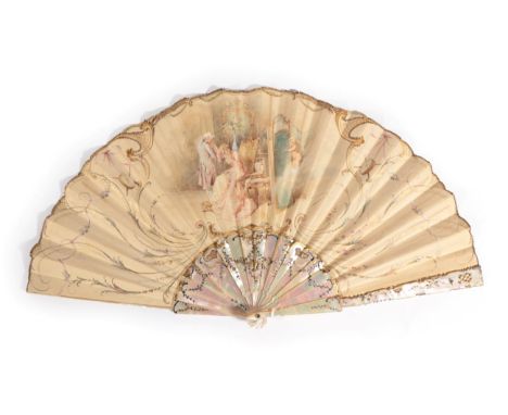 A Fine Quality Art Nouveau Mother-of-Pearl Fan, the green/pink monture carved and lightly pierced, silvered and gilded. The d