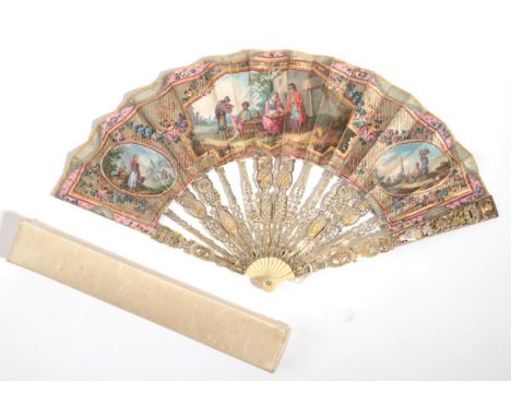 A Mid-18th Century Ivory Fan, the monture elaborately carved and gilded, the gorge particularly to note, with medallions cont