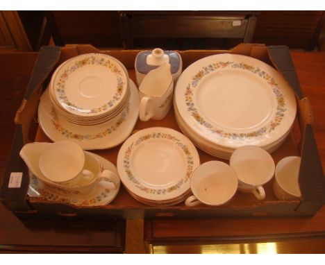 A Royal Doulton 'Pastorale' pattern part tea and dinner service comprising six dinner plates, six side plates, six soup bowls