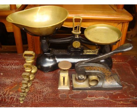 Libra kitchen scales with weights, letter scales and a vintage embossing stamp labelled 'For Alma Foster Ltd by Ezi-Span, Pat