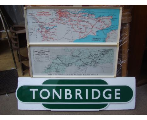A reproduction enamel railway sign, Tonbridge.  With two framed railway maps. 