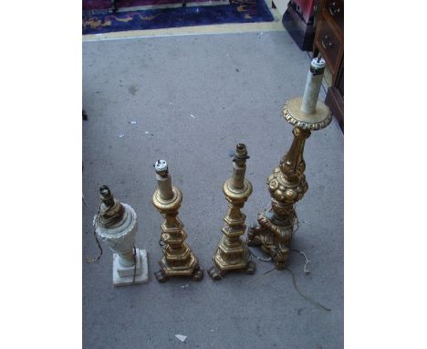Three giltwood early 18th Century style lamp bases plus another, poss marble.