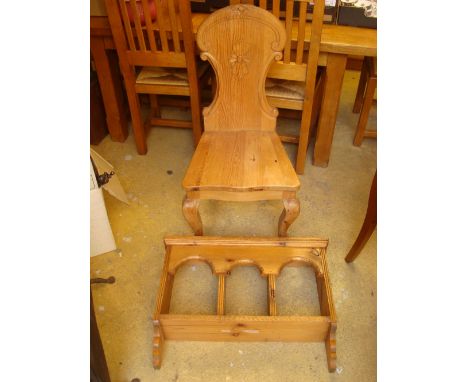 A Cabriole legged pine hall chair and arcaded gallery pine hanging shelf.