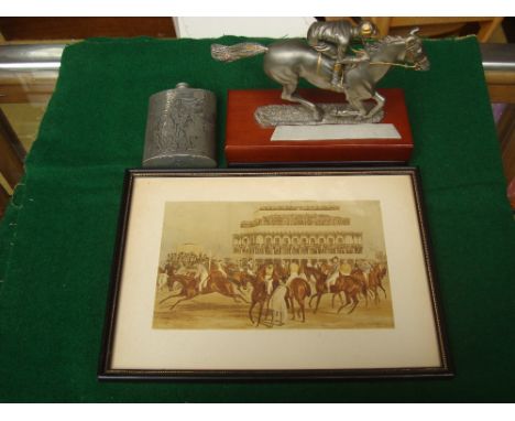 Royal Selangor pewter sculpture of a jockey on horseback, signed R.Cameron with an equestrian pewter hip flask engraved with 