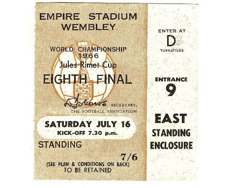 1966 WORLD CUP TICKET ENGLAND V MEXICO @ WEMBLEY
Minor age-related wear.