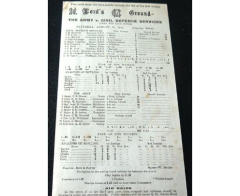 CRICKET SCORECARD - 1942 THE ARMY V CIVIL DEFENCE SERVICES AT LORDS
Played 15th August 1942 includes Mitchell, Grover, Compto