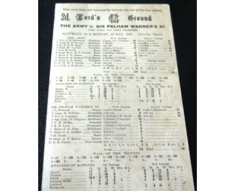 CRICKET SCORECARD - 1942 THE ARMY V SIR PELHAM WARNERS XI AT LORDS
Played 25th May 1942
Includes the Compton brothers &amp;&n