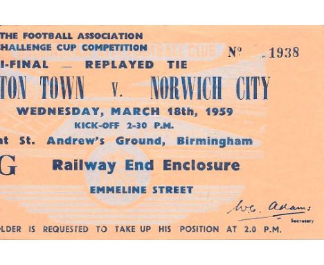 1959 FA CUP S/F REPLAY LUTON TOWN V NORWICH CITY TICKET PLAYED AT BIRMINGHAM CITY
Slight fold