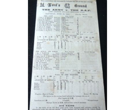 CRICKET SCORECARD - THE ARMY V THE RAF AT LORDS ( AUSTRALIAN INTEREST )
Played June 20th 1942 includes Leyland, Compton, Wyat