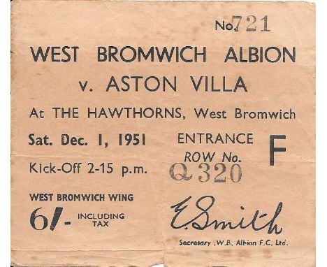 1951-52 WEST BROMWICH ALBION V ASTON VILLA TICKET
Slight fold and small tear