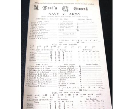 CRICKET SCORECARD - 1943 NAVY V ARMY AT LORDS
Played 14th August 1943, includes Compton &amp; Leyland&nbsp;
Good for age