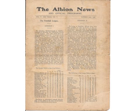 1909-10 WEST BROMWICH ALBION V GRIMSBY TOWN
Advertising covers missing, some paper loss to bottom corner of first page and ge