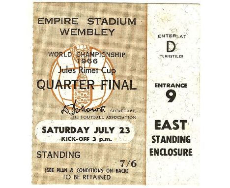 1966 WORLD CUP Q/F TICKET ENGLAND V ARGENTINA @ WEMBLEY&nbsp;
Minor age-related wear.
