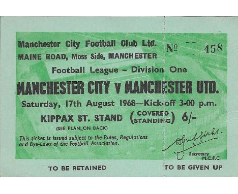 1968-69 MANCHESTER CITY V MANCHESTER UNITED UNUSED TICKET