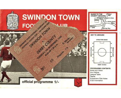 1968/69 LEAGUE CUP Q/F SWINDON ( WINNERS ) V DERBY TICKET &amp; PROGRAMME&nbsp;
Ticket part missing.
Programme has light fold
